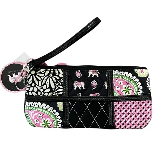 Vera Bradley Ella Wristlet Pink Elephants Black Multi Women’s Patchwork Quilted - Picture 4 of 7